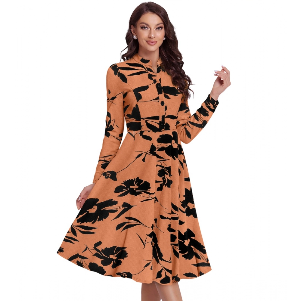 Women's Knitting Printed V-Neck Full Sleeve Dress (Orange) - Image 6