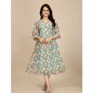 Women's Georgette Printed Round Neck Short Sleeve Dress (Multicolor)