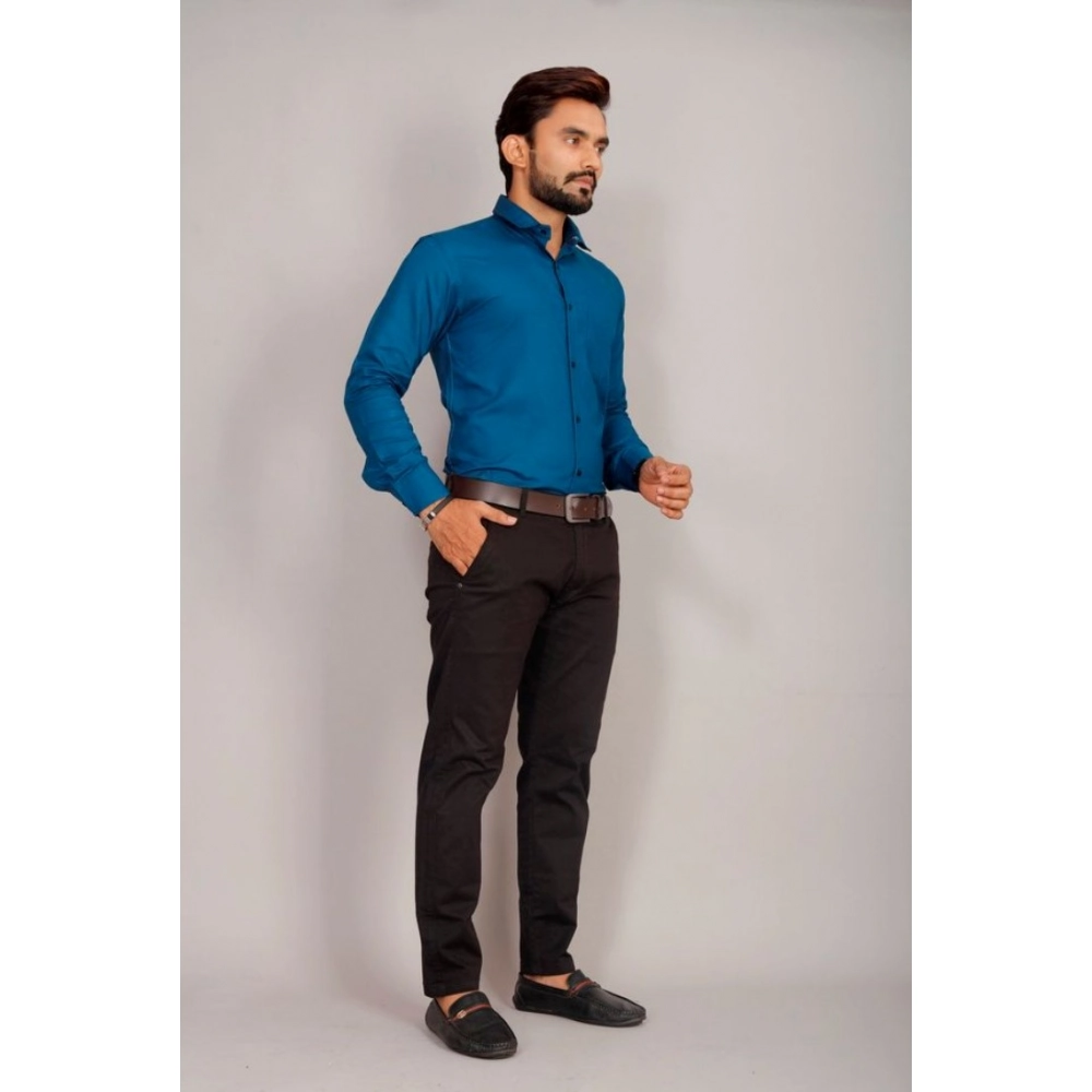 Men's Casual Cotton Solid Full Sleeve Shirt (Blue) - Image 3