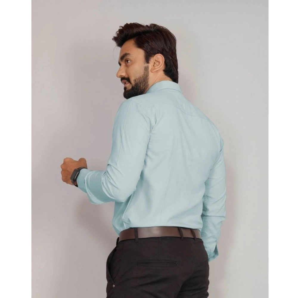 Men's Casual Cotton Solid Full Sleeve Shirt (Aqua) - Image 3