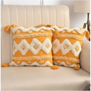 Cotton Tufted Cushion Pillow Cover 16x16 Inch Pack of 2 (Yellow White)