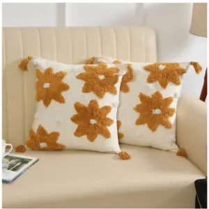 Cotton Flower Tufted Cushion Pillow Cover 16x16 Inch Pack of 2 (Yellow)