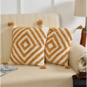 Cotton Diamond Tufted Cushion Pillow Cover 16x16 Inch Pack of 2 (Yellow)
