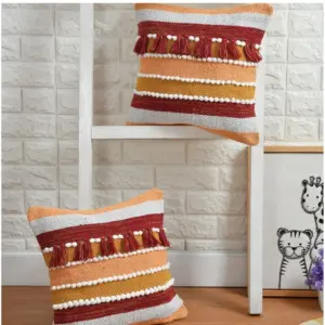 Cotton Handcrafted Pit Loom Cushion Cover 16x16 Inch Pack of 2 (Orange)