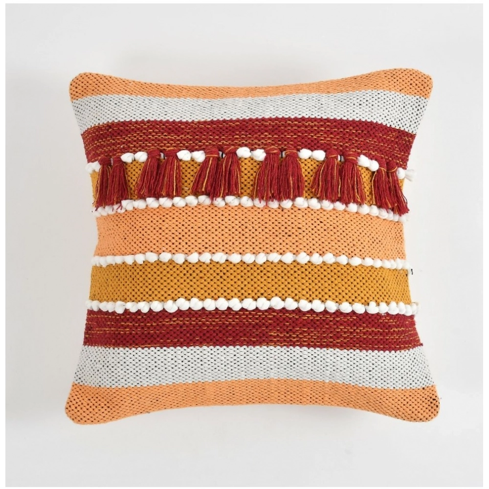 Cotton Handcrafted Pit Loom Cushion Cover 16x16 Inch Pack of 2 (Orange) - Image 4