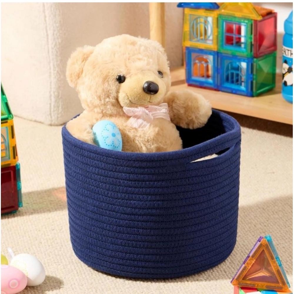 Cotton Round Small Storage Basket 9x7 Inch Pack of 1 (Blue) - Image 2
