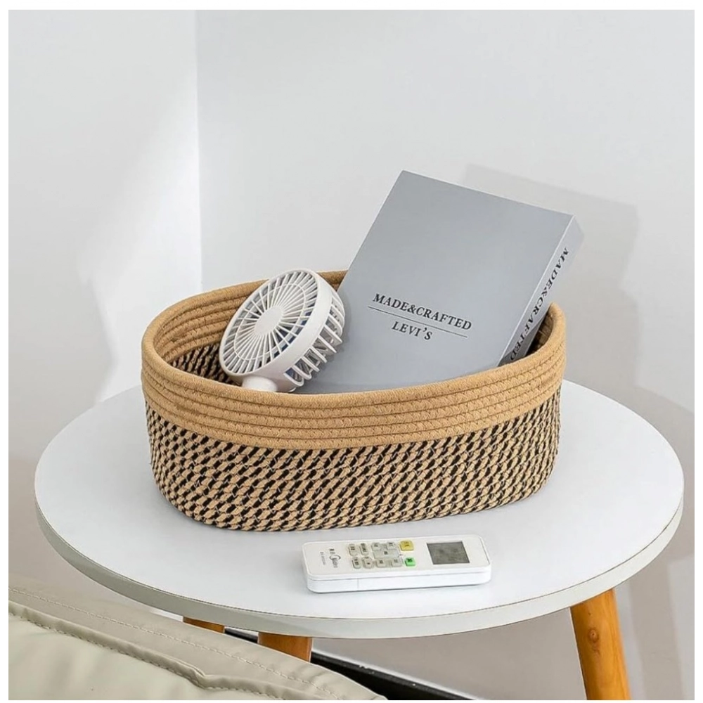 Cotton Oval Storage Rope Woven Baskets Pack of 1 (Beige Black) - Image 3