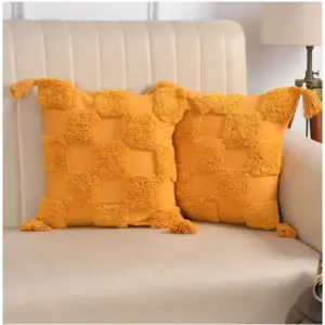 Cotton Tufted Cushion Pillow Cover 16x16 Inch Pack of 2 (Yellow)