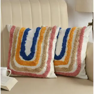 Cotton Tufted Cushion Pillow Cover 16x16 Inch Pack of 2 (Ranibow)