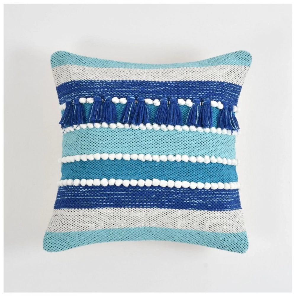 Cotton Handcrafted Pit Loom Cushion Cover 16x16 Inch Pack of 2 (Blue) - Image 4