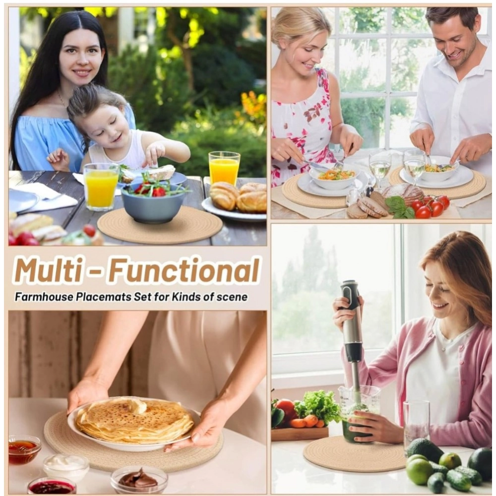 Cotton Dining Table Round Placemat Mats Set of 4 (Beige) - Image 3