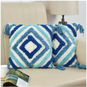 Cotton Tufted Cushion Pillow Cover 16x16 Inch Pack of 2 (Blue)
