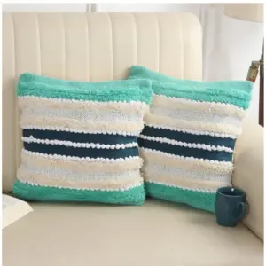 Cotton Striped Handcrafted Pit Loom Cushion Cover 16x16 Inch Pack of 2 (Green Cream)
