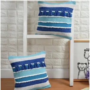 Cotton Handcrafted Pit Loom Cushion Cover 16x16 Inch Pack of 2 (Blue)