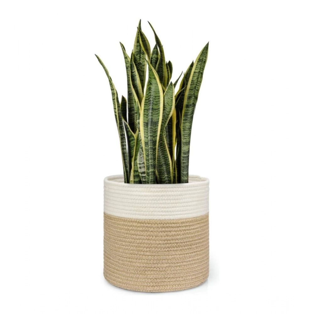 Cotton Large Woven Storage Basket 11x11 Inch Pack of 1 (Beige White) - Image 4