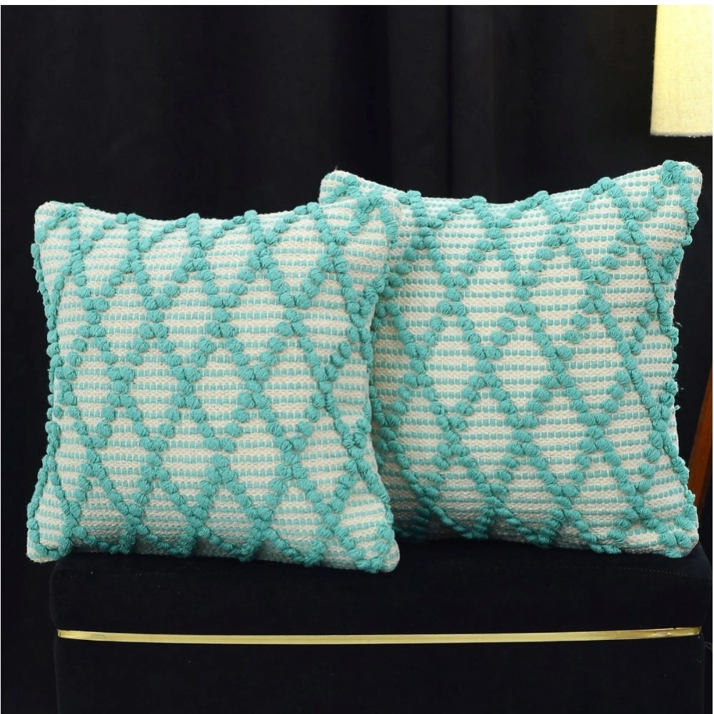 Cotton Handcrafted Pit Loom Cushion Cover 16x16 Inch Pack of 2 (Sea Green)