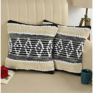 Cotton Diamond Handcrafted Pit Loom Cushion Cover 16x16 Inch Pack of 2 (Black Cream)