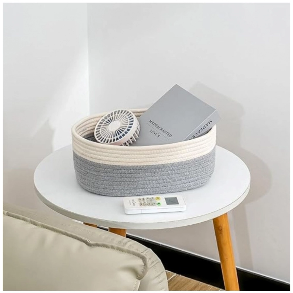 Cotton Oval Storage Rope Woven Baskets Pack of 1 (White Grey) - Image 2