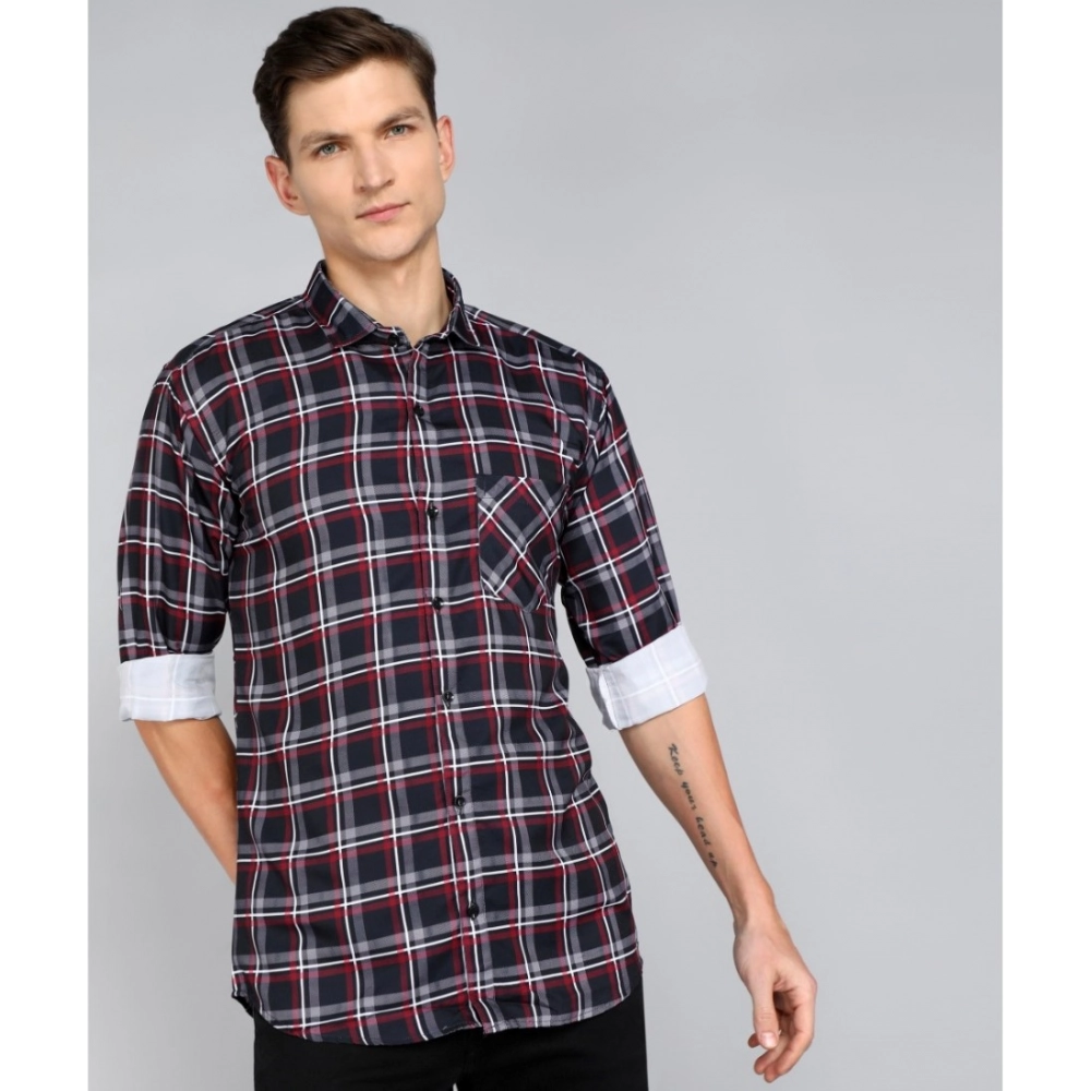 Men's Casual Viscose Rayon Striped Full Sleeve Collar Shirt (Dark Blue)