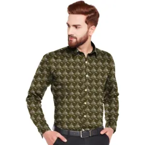 Men's Casual Viscose Rayon Printed Full Sleeve Collar Shirt (Dark Green)