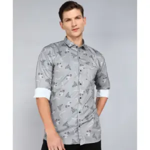Men's Casual Viscose Rayon Printed Full Sleeve Collar Shirt (Grey)