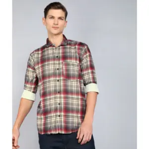 Men's Casual Viscose Rayon Checkered Full Sleeve Collar Shirt (Brown)