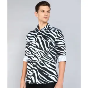 Men's Casual Viscose Rayon Striped Full Sleeve Collar Shirt (Black-White)