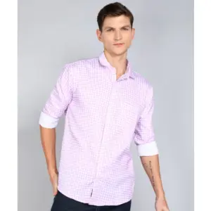 Men's Casual Viscose Rayon Checkered Full Sleeve Collar Shirt (Purple-White)