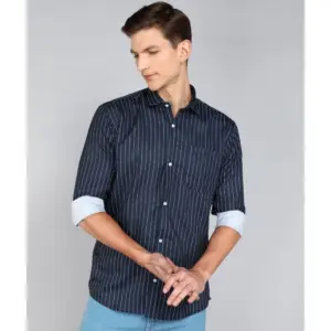 Men's Casual Viscose Rayon Striped Full Sleeve Collar Shirt (Light Blue)
