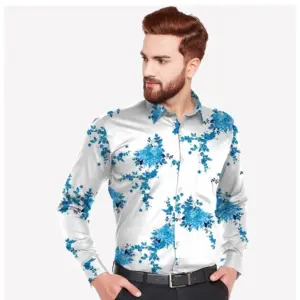 Men's Casual Viscose Rayon Floral Print Full Sleeve Collar Shirt (Blue)