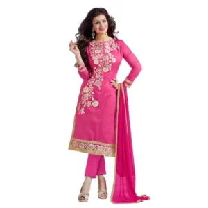 Women's Chanderi Unstitched Salwar Suit-Material With Dupatta (Pink,2 Mtrs)