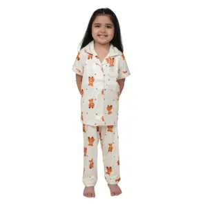Girl's Silk Bleand Printed Short Sleeve Night Suit Set (White)