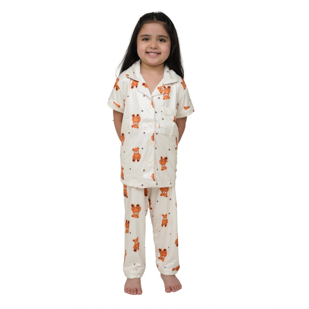 Girl's Silk Bleand Printed Short Sleeve Night Suit Set (White)