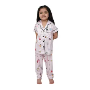 Girl's Silk Bleand Printed Short Sleeve Night Suit Set (Creem)