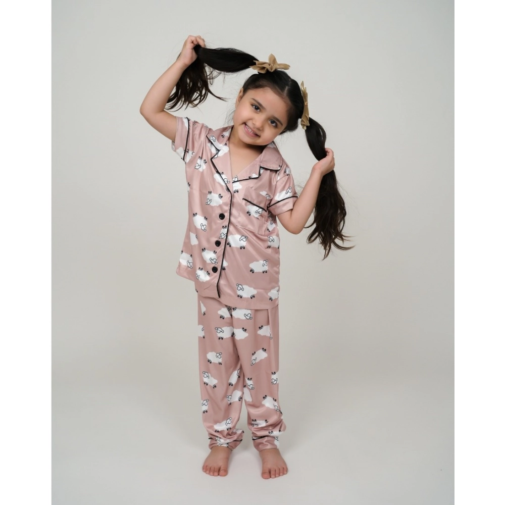Girl's Silk Bleand Printed Short Sleeve Night Suit Set (Brown) - Image 3