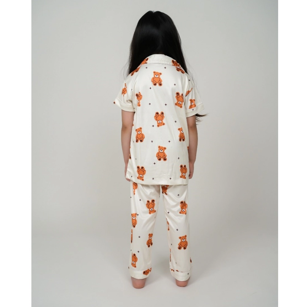 Girl's Silk Bleand Printed Short Sleeve Night Suit Set (White) - Image 3