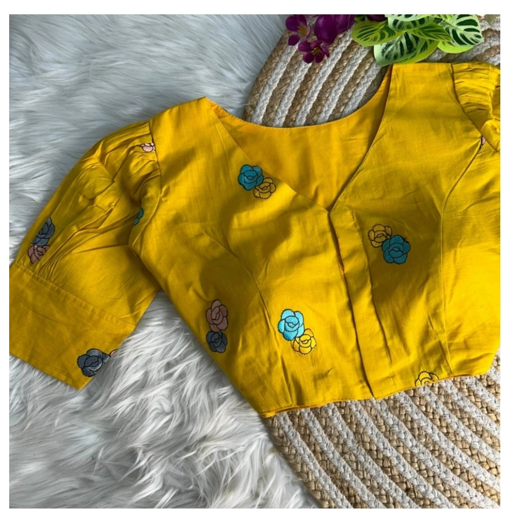 Women's Khadi Cotton Embroidery V Neck Short Sleeve Readymade Blouse (Yellow, Free Size) - Image 2