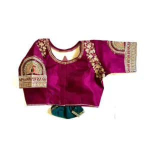 Women's Shining silk Sequance Round Neck Short Sleeve Readymade Blouse (Wine, Free Size)