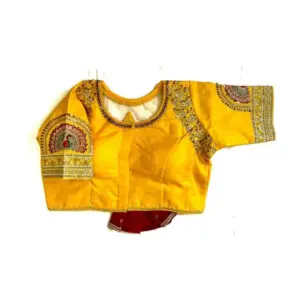 Women's Shining silk Sequance Round Neck Short Sleeve Readymade Blouse (Mustard, Free Size)