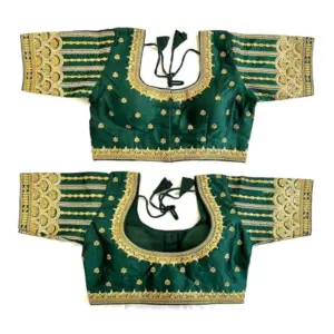 Women's Phantom Silk Embroidery Round Neck Short Sleeve Readymade Blouse (Dark Green, Free Size)