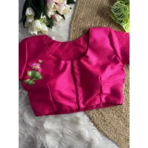 Women's Silk Hand Work Round Neck Short Sleeve Readymade Blouse (Pink, Free Size)