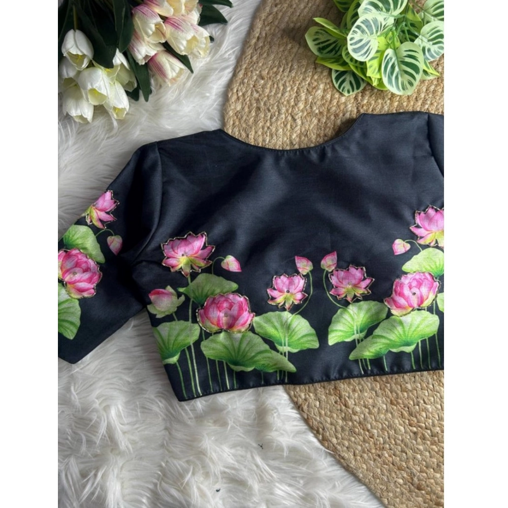 Women's Silk Hand Work Round Neck Short Sleeve Readymade Blouse (Black, Free Size) - Image 2