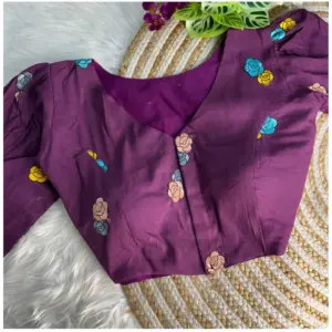 Women's Khadi Cotton Embroidery V Neck Short Sleeve Readymade Blouse (Wine, Free Size)