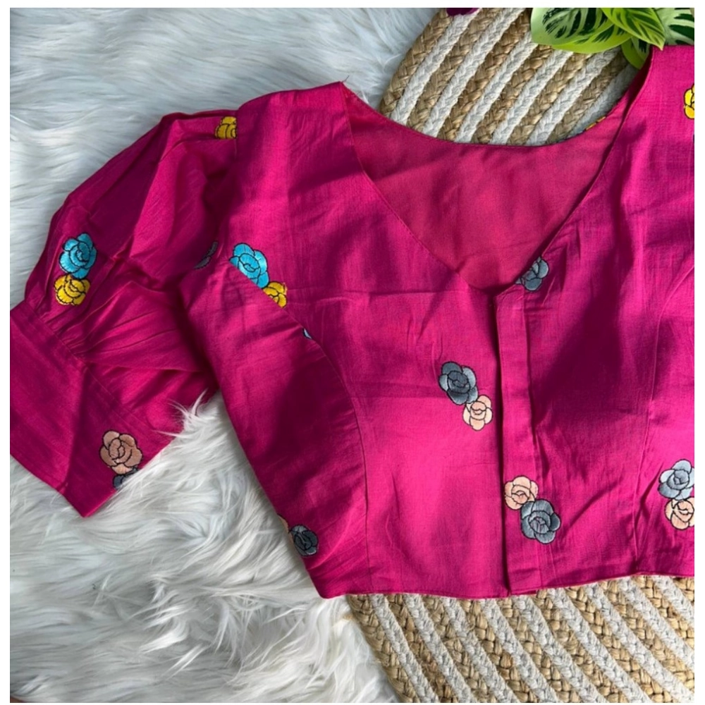 Women's Khadi Cotton Embroidery V Neck Short Sleeve Readymade Blouse (Pink, Free Size) - Image 2