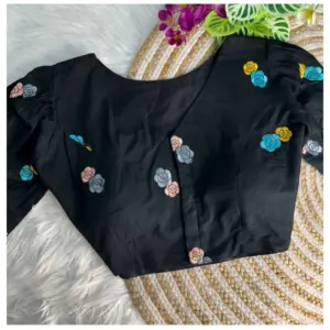 Women's Khadi Cotton Embroidery V Neck Short Sleeve Readymade Blouse (Black, Free Size)