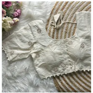 Women's Khadi Cotton Embroidery Round Neck Short Sleeve Readymade Blouse (White, Free Size)