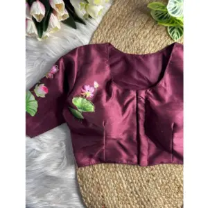 Women's Silk Hand Work Round Neck Short Sleeve Readymade Blouse (Wine, Free Size)