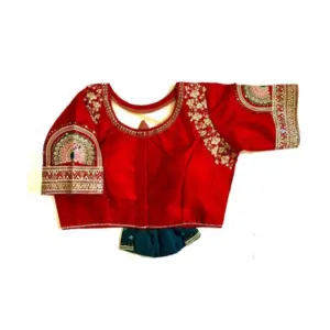 Women's Shining silk Sequance Round Neck Short Sleeve Readymade Blouse (Maroon, Free Size)