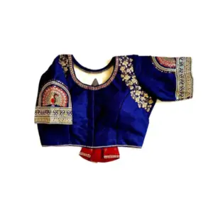 Women's Shining silk Sequance Round Neck Short Sleeve Readymade Blouse (Blue, Free Size)