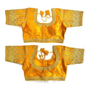 Women's Phantom Silk Embroidery Round Neck Short Sleeve Readymade Blouse (Yellow, Free Size)